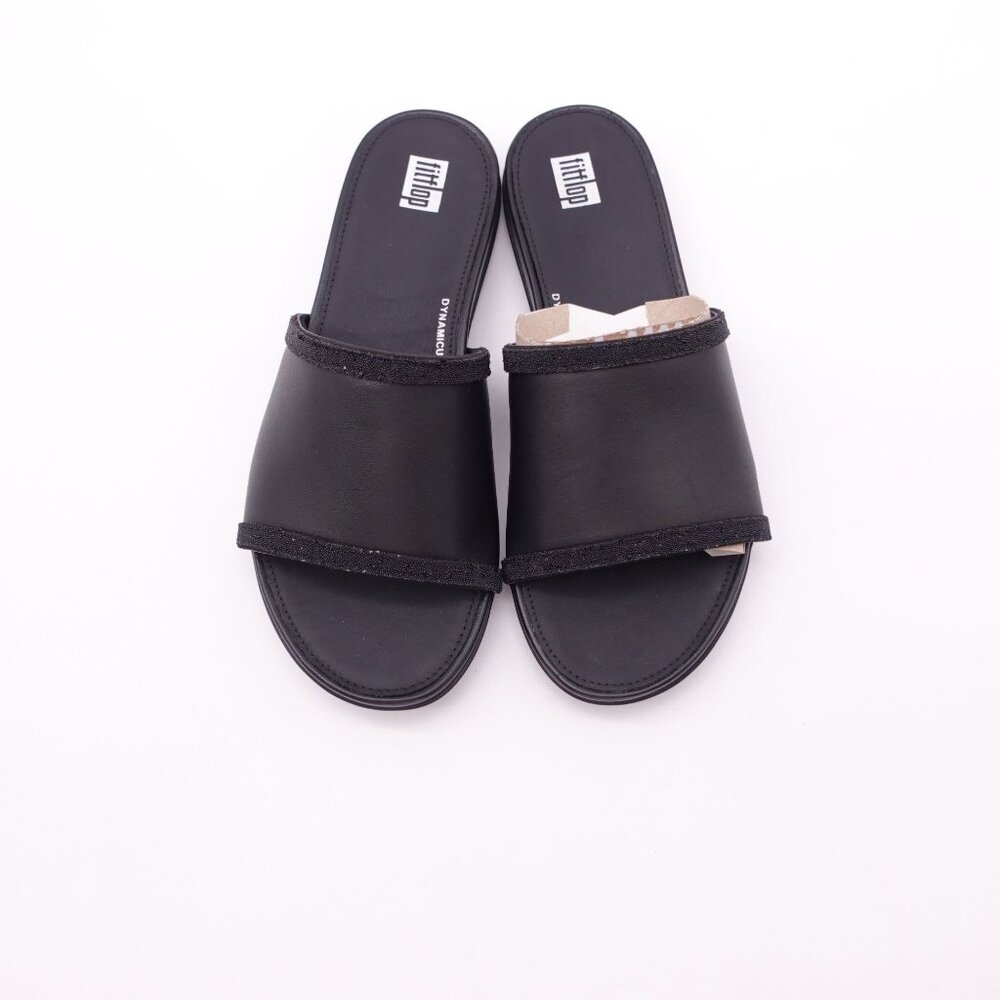 FitFlop Women's Gracie Opul-Trim Leather Slides Size 6.5 Black Slip On - Picture 2 of 8